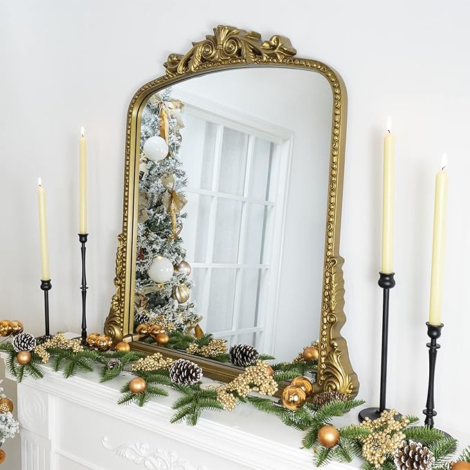 Antiqued Gold Ornate Mirror Arched Mantel Wall Mirror Baroque Inspired Bathroom - Image 5