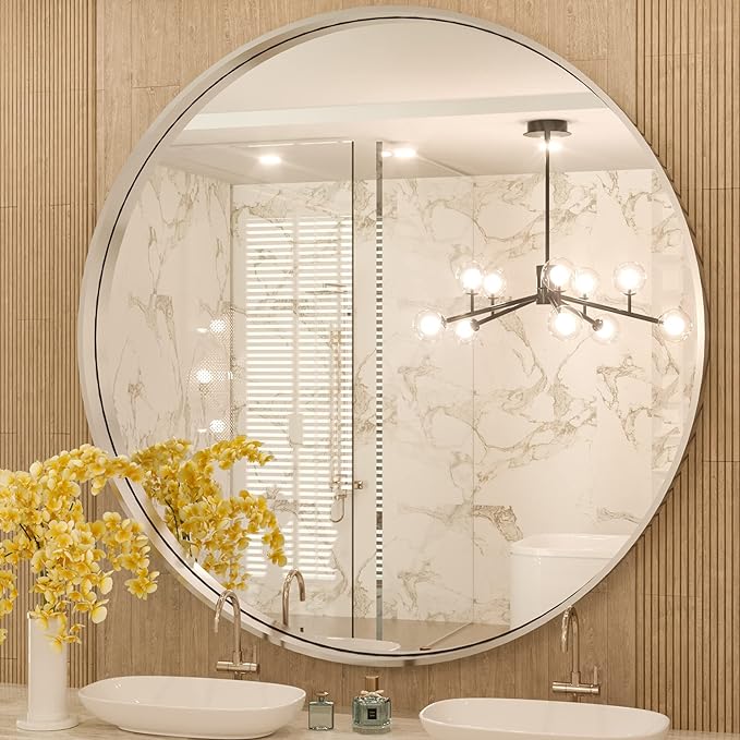 TokeShimi Round Mirror 36 Inch Brushed Silver Round Bathroom Mirror by RefinedBathroomAccessories