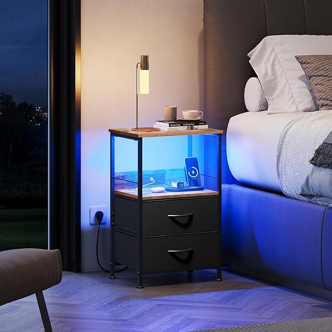 WLIVE Nightstand with Charging Station, LED Night Stand with 2 Fabric Drawers - Image 2