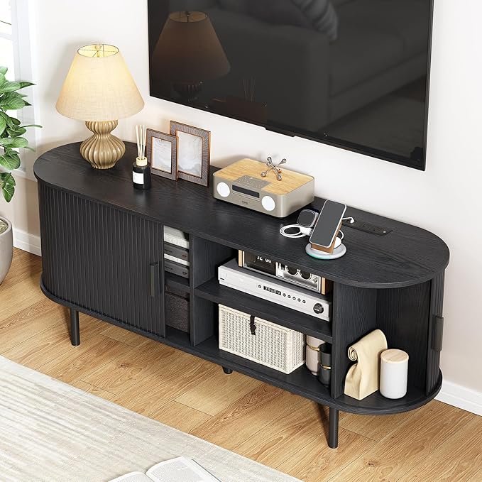 63" TV Stand with Power Outlet, Modern Media Console with Sliding Doors - Image 3
