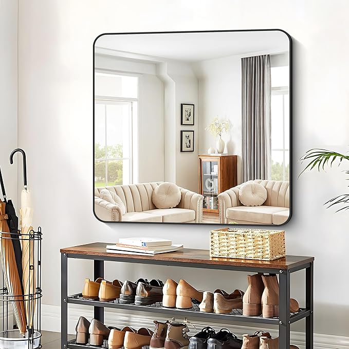 Bathroom Mirror, 42x42 inch Black Square Wall Mirror, Rounded Corner Aluminum - Image 7