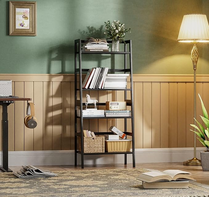 HITNET Black Bookshelf, 4-Tier Ladder Shelf, Freestanding Leaning Bookcase - Image 2