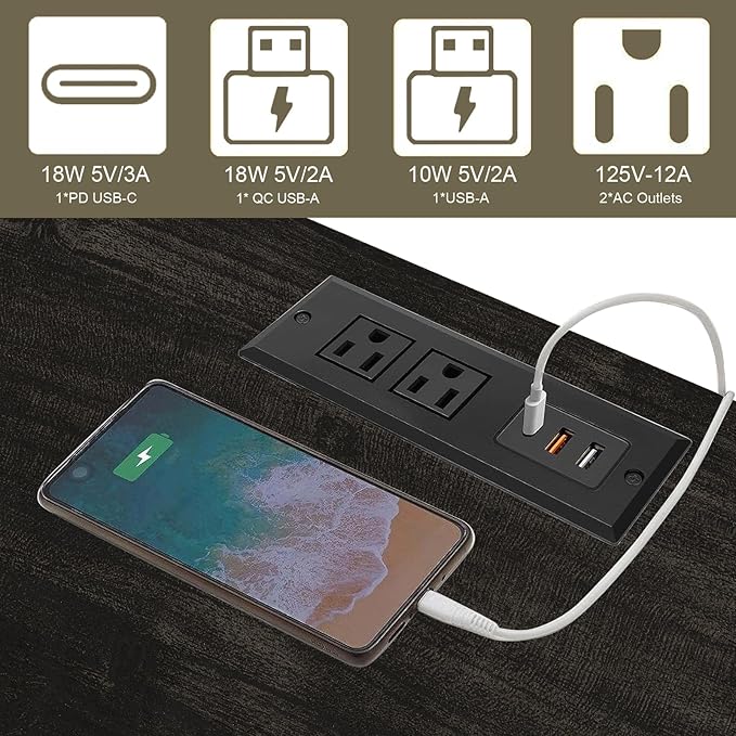 End Table with Fast USB C Charging Station, Large Storage Rustic Wood Square - Image 3