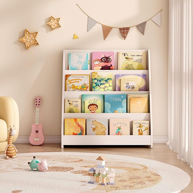 Tatub 4 Tier Kids Wooden Bookshelf, Toddler Sling Bookcase Montessori Bookshelf - Image 5
