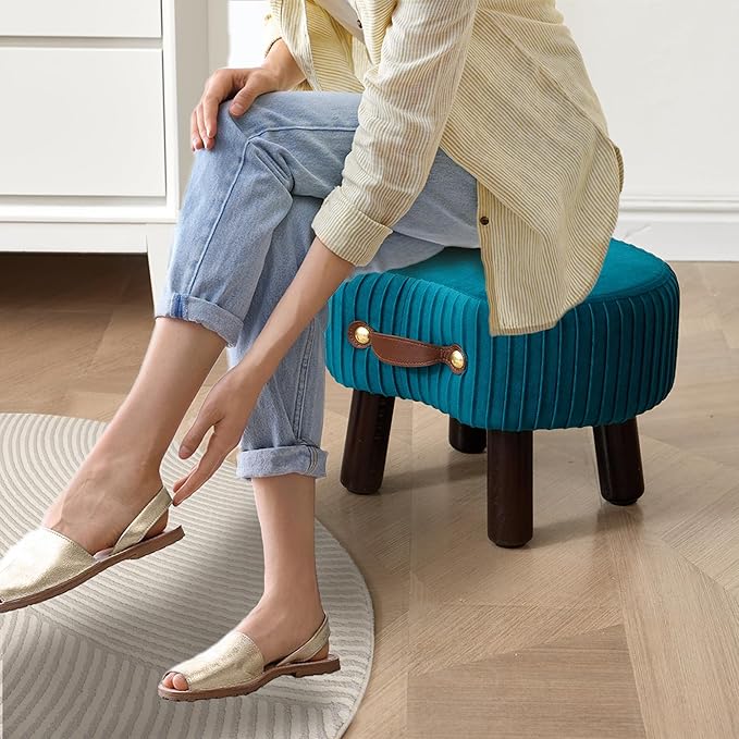 Small Footstool with Handle, Velvet Ottoman Foot Rest with Padded Seat - Image 6