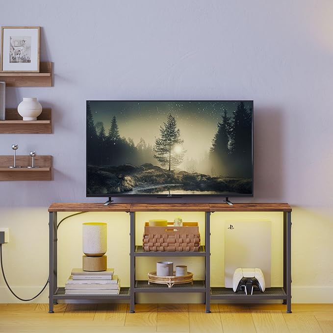 TV Stand with LED Lights for 55 Inch TV, Entertainment Center with 3-Tier Open - Image 2