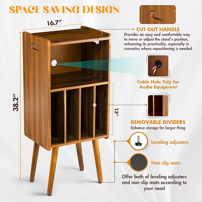 Wooden LP Record Player Stand, 3-Tier Turntable Stand Cabinet Holds up to 100 - Image 5