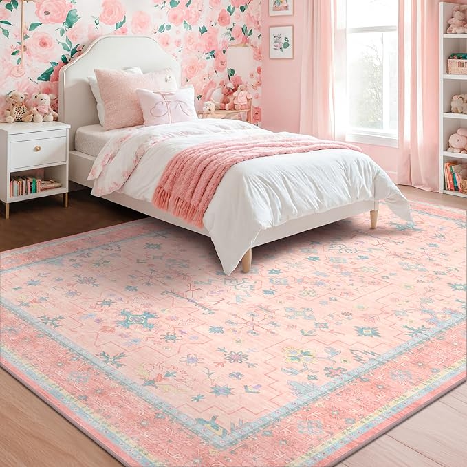 Washable Pink and Blue 7x9 Boho Rugs by HazoHaus