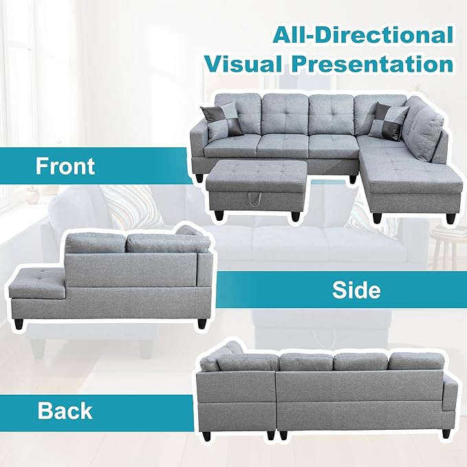 Couches for Living Room Modern L Shaped Couch Comfy Linen Fabric 3 Pieces - Image 6