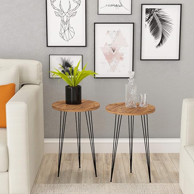 PAK HOME - Set of 2 End Table – Pine Wood Round Wood Sofa Side Coffee Tables - Image 3