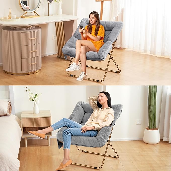 Comfy Saucer Chair for Adults, Foldable Living Room Chairs, Soft Faux Fur - Image 6