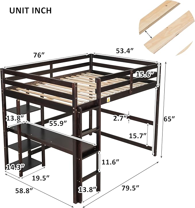 HomSof Full Loft Bed with Desk and Shelves - Image 2