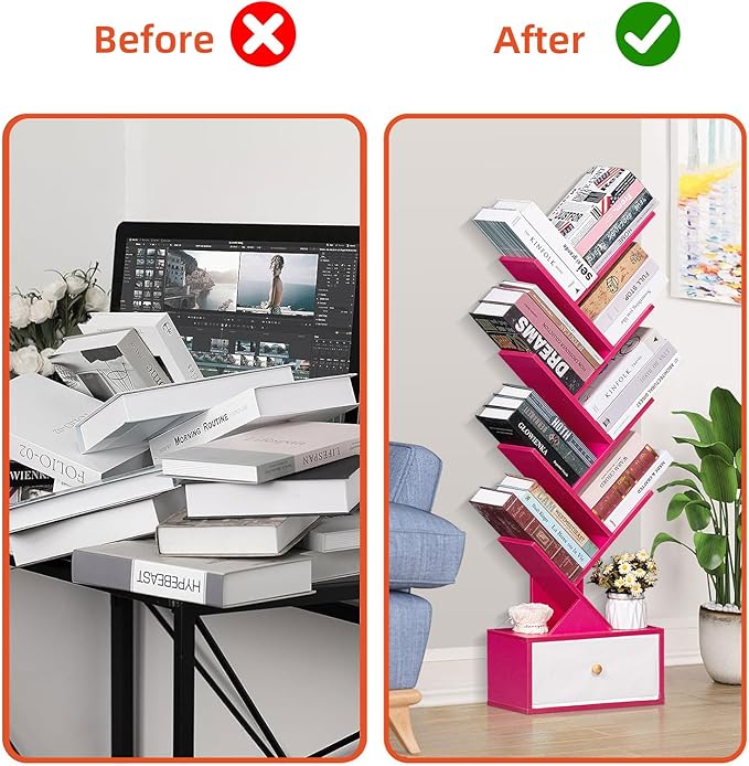 8 Tier Tree Bookshelf with Drawer, Free Standing Wood Bookcase - Image 8