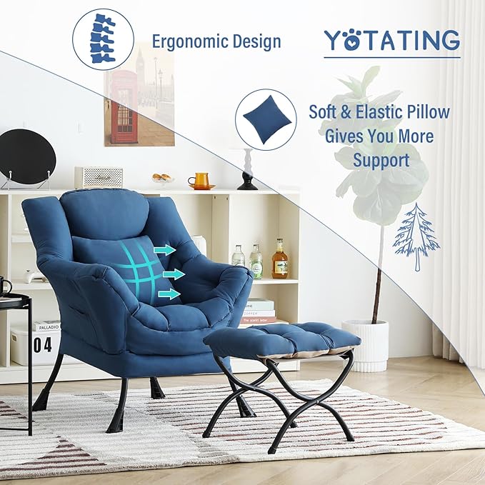 Lazy Chair with Ottoman, Comfy Reading Chair with Footstool & Pillow Modern - Image 8