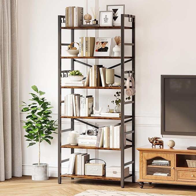 6 Tier Bookshelf, Industrial Bookcase - Image 2
