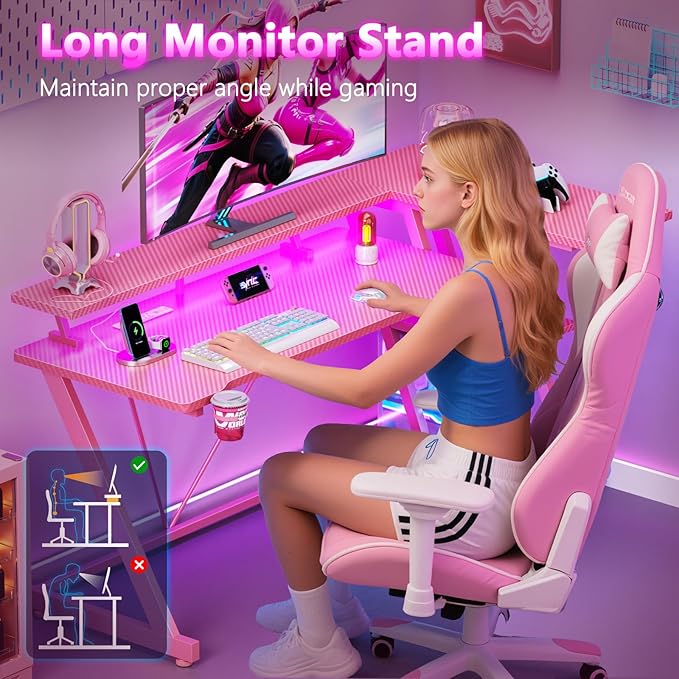 55 Inch Pink Gaming Desk with Power Outlet & LED Lights, Corner Computer Desk - Image 7
