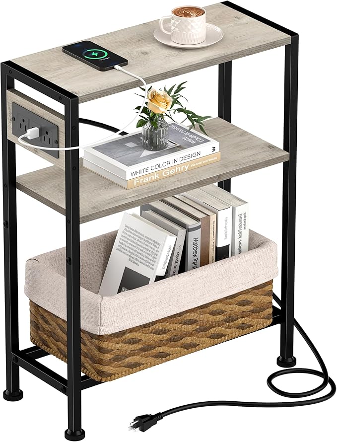 Small Narrow Side Table with Charging Station, Skinny End Table by HOME