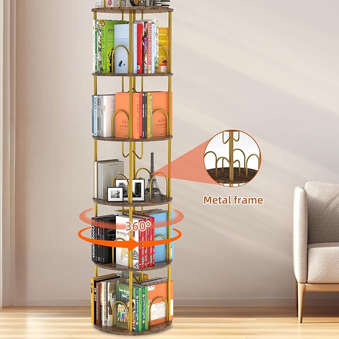 5 Tier Rotating Bookshelf, 360° Spinning Bookshelf Tower, Round Narrow Space - Image 3