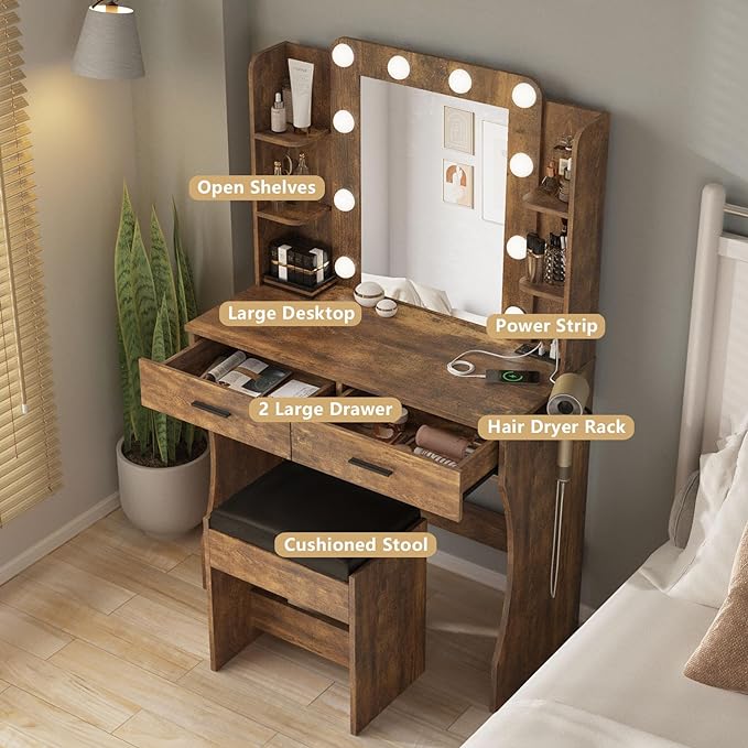 Vabches Vanity Desk with Lights, Makeup Vanity with Power Strip, Dressing Table - Image 6