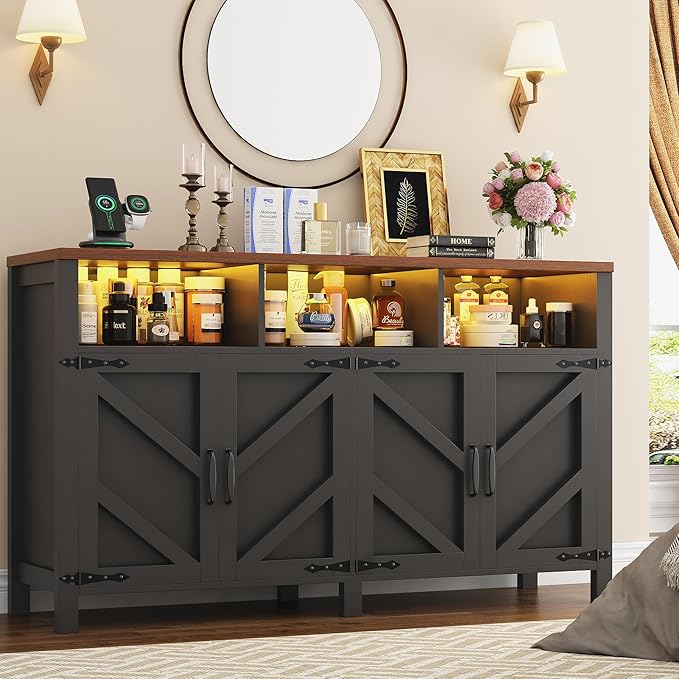 Buffet Sideboard with Storage with Power Outlets & LED Light 4 Doors, Dining - Image 8