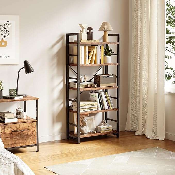 VERMESS 5 Tier Bookshelf, Tall Book Shelf, Vintage Industrial Bookcase - Image 4