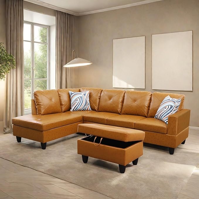 L Shaped Sectional Sofa with Ottoman, Leather Right Facing Modern Couches - Image 5