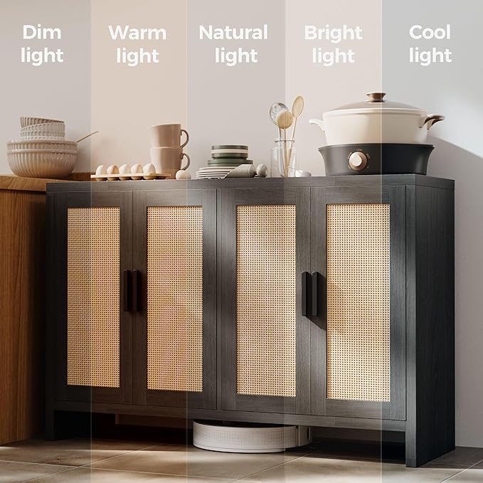 Rattan Buffet Cabinet with Storage, Sideboard with Doors, TV Stand, Farmhouse - Image 5