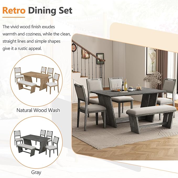 Merax 6-Piece Retro Dining Set, 1 Rectangular Table - Image 7