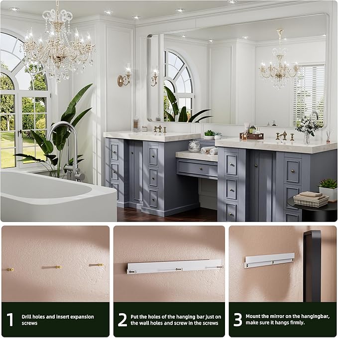 Hasipu Brushed Silver Bathroom Mirror 63x35 Inch Rounded Rectangle Vanity - Image 6