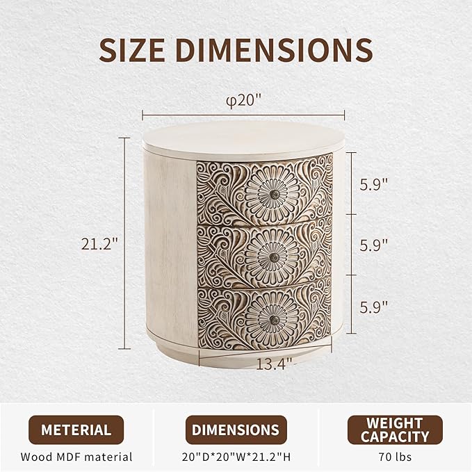 COSIEST 3 Drawer Chest of Drawers, 20 inch MDF Round Storage Cabinet, Retro - Image 2