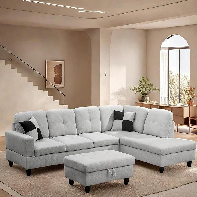 L Shaped Sectional Couch with Otttoman, Apartments, Light Grey by FONTOI
