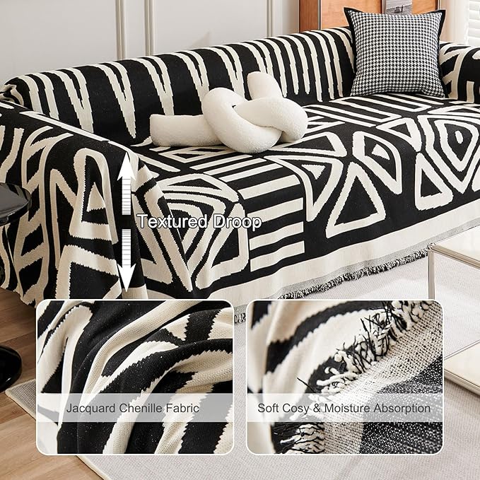STACYPIK Boho Geometric Sofa Cover Chenille Beige Black Couch Cover - Image 9