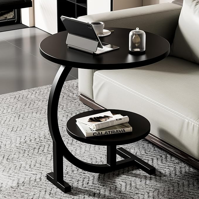 C-Shaped End Table, 2 Tiers Round Side Table, Sofa Small Side Table - Image 2