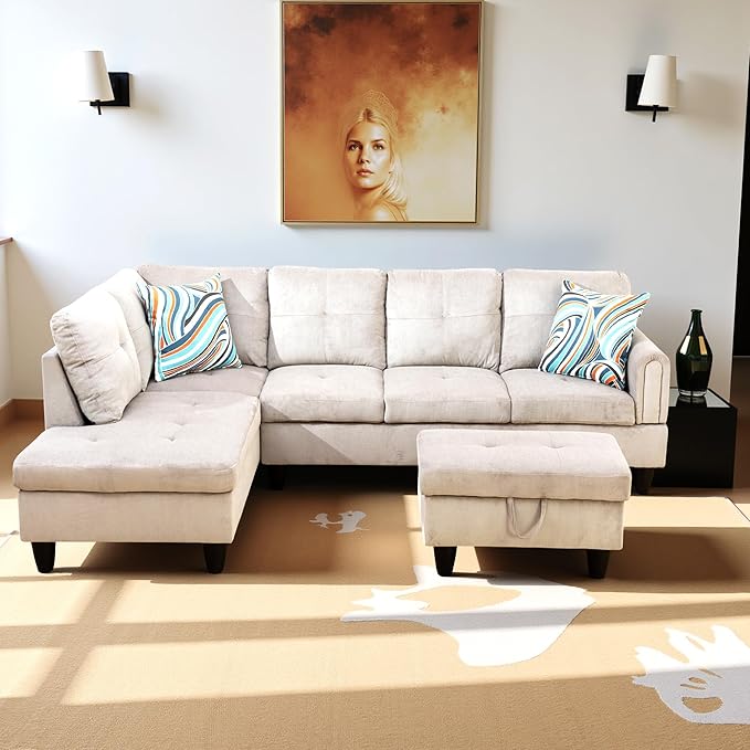 L Shaped Couch Modern Sectional Couch Upholstered Corduroy Fabric 3 Pieces Sofas by LynginsCreativeLife