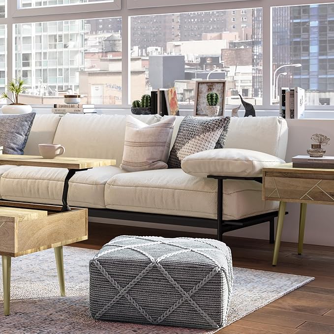 SIMPLIHOME Cowan Contemporary Square Pouf in Grey, Natural Handloom Woven - Image 2