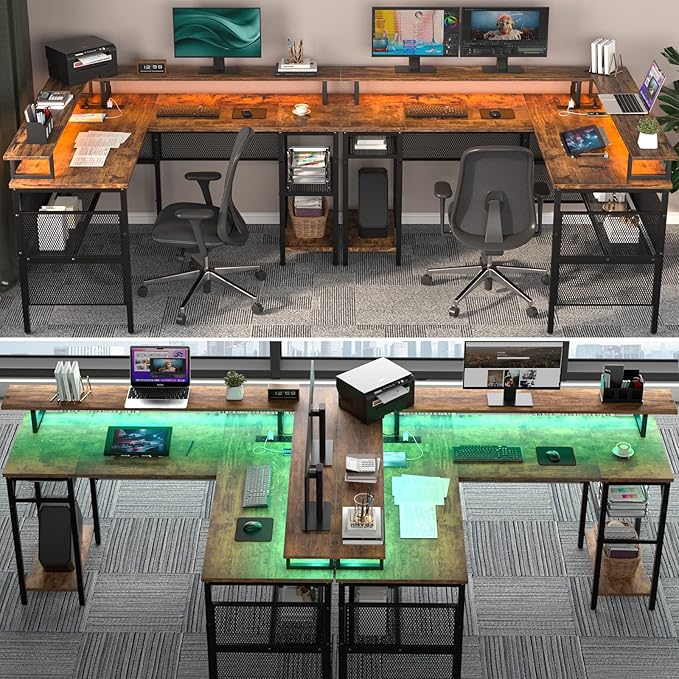 Unikito L Shaped Desk with LED Light and Power Outlet, Reversible Corner - Image 7