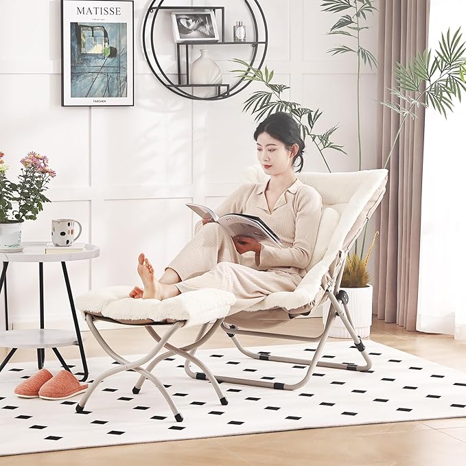 Saucer Chair with Ottoman, Comfy Oversized Folding Chair, Faux-Fur Reading Chair - Image 5