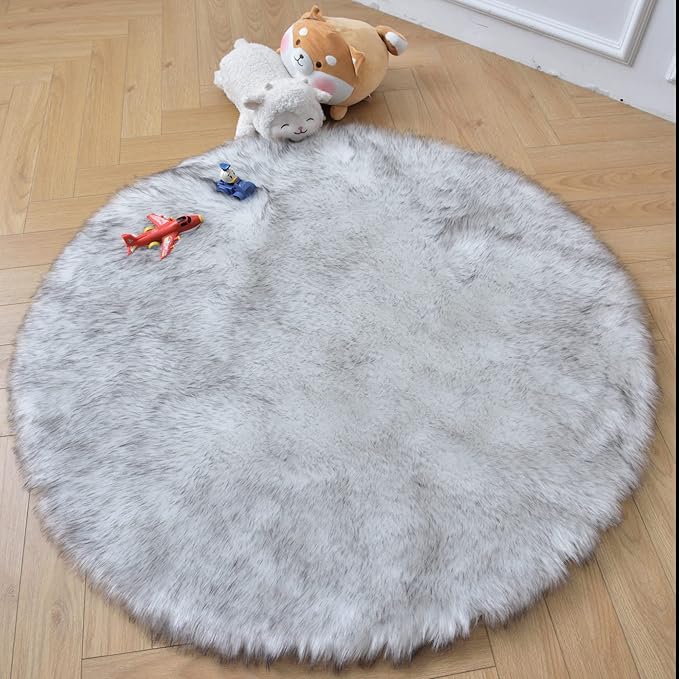 duduta White Black Faux Sheepskin Round Rug 4x4 ft, Fluffy Shag Fur Bedroom by Duduta