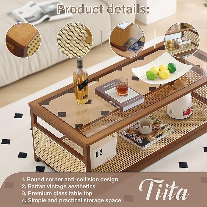 Tiita Coffee Tables for Living Room，Mid Century Modern Storage 2-Tier Coffee - Image 4