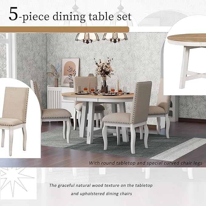 Merax 5-Piece Farmhouse Dining Furniture Set, Wooden Round Extendable Table - Image 6