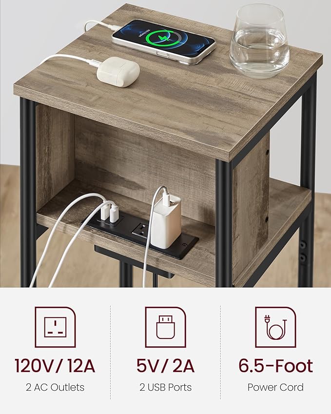 VASAGLE Side Table with Charging Station, 3-Tier End Table with USB Ports and - Image 5