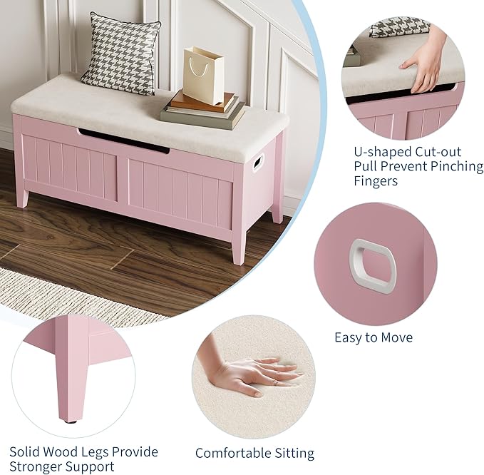 GAOMON Storage Bench with Cushion, 39.4” Wooden Chest Storage Box with 2 Safety - Image 4