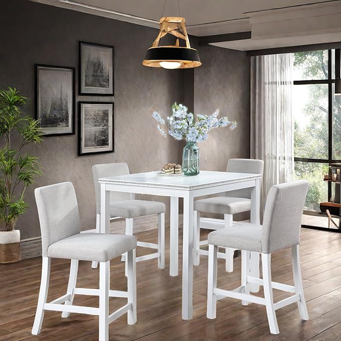 5PCS Modern White Counter Height Dining Table Set, Square Table by ChicFurnit