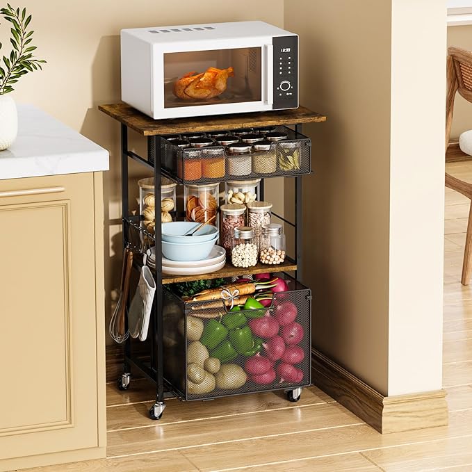 Microwave Stand with Drawers & Hooks, 3-Tier Rolling Kitchen Cart by Eyteenokk