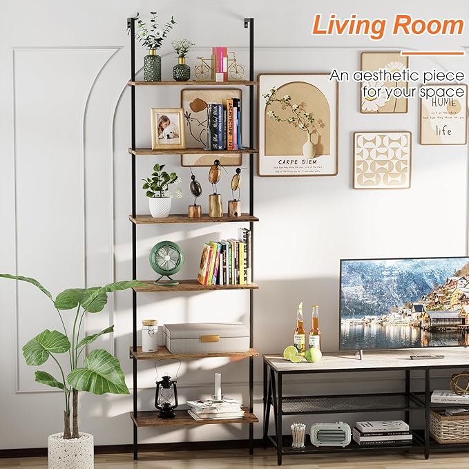 Bookcase Rustic Brown 6 Tiers Modern Bookshelf Room Organizer Open Tall Wall - Image 3