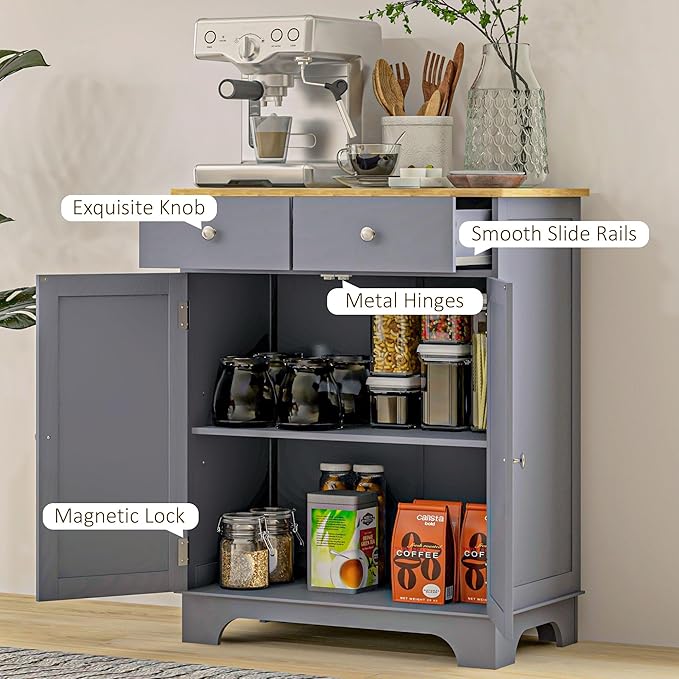 HOMCOM Sideboard with Solid Wood Countertop, Modern Kitchen Storage Cabinet - Image 7