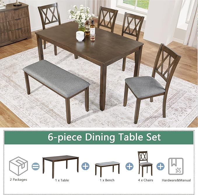 soges 6 Piece Kitchen Dining Set, Rectangular Wooden Dining Table - Image 4
