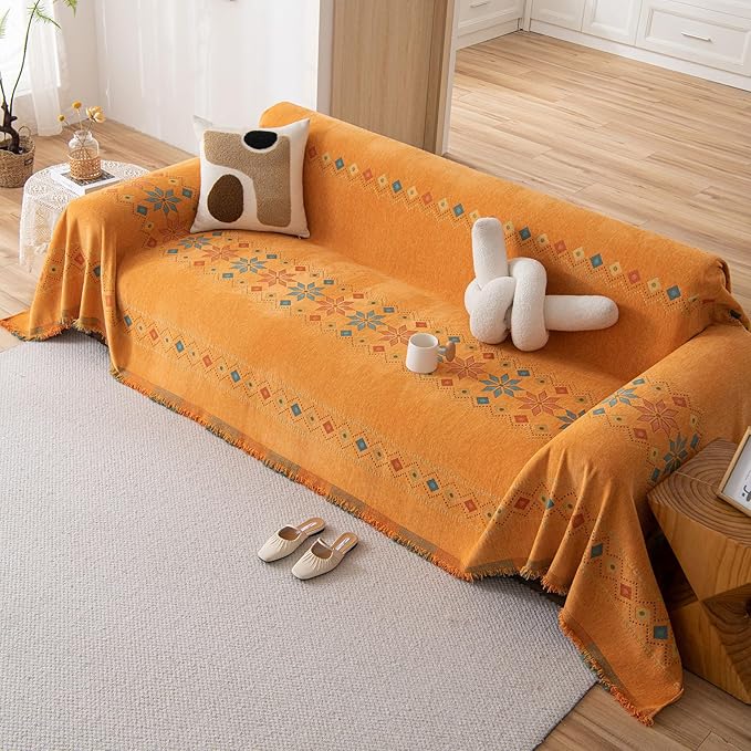STACYPIK Soft Orange Sofa Cover, Boho Chenille Couch Cover - Image 9
