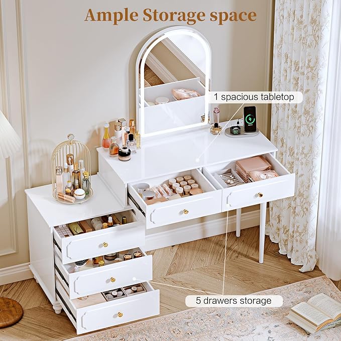 White, Vanity Desk with Mirror and Lights, Makeup Vanity with Power Outlet and - Image 3