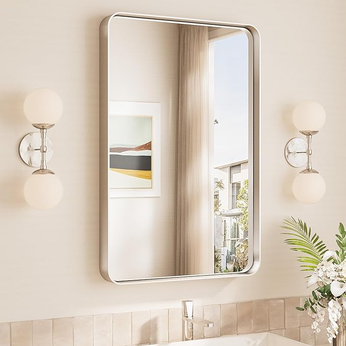 TokeShimi 20x30 Brushed Nickel Bathroom Wall Mirror Vanity Metal Frame Round by RefinedBathroomAccessories